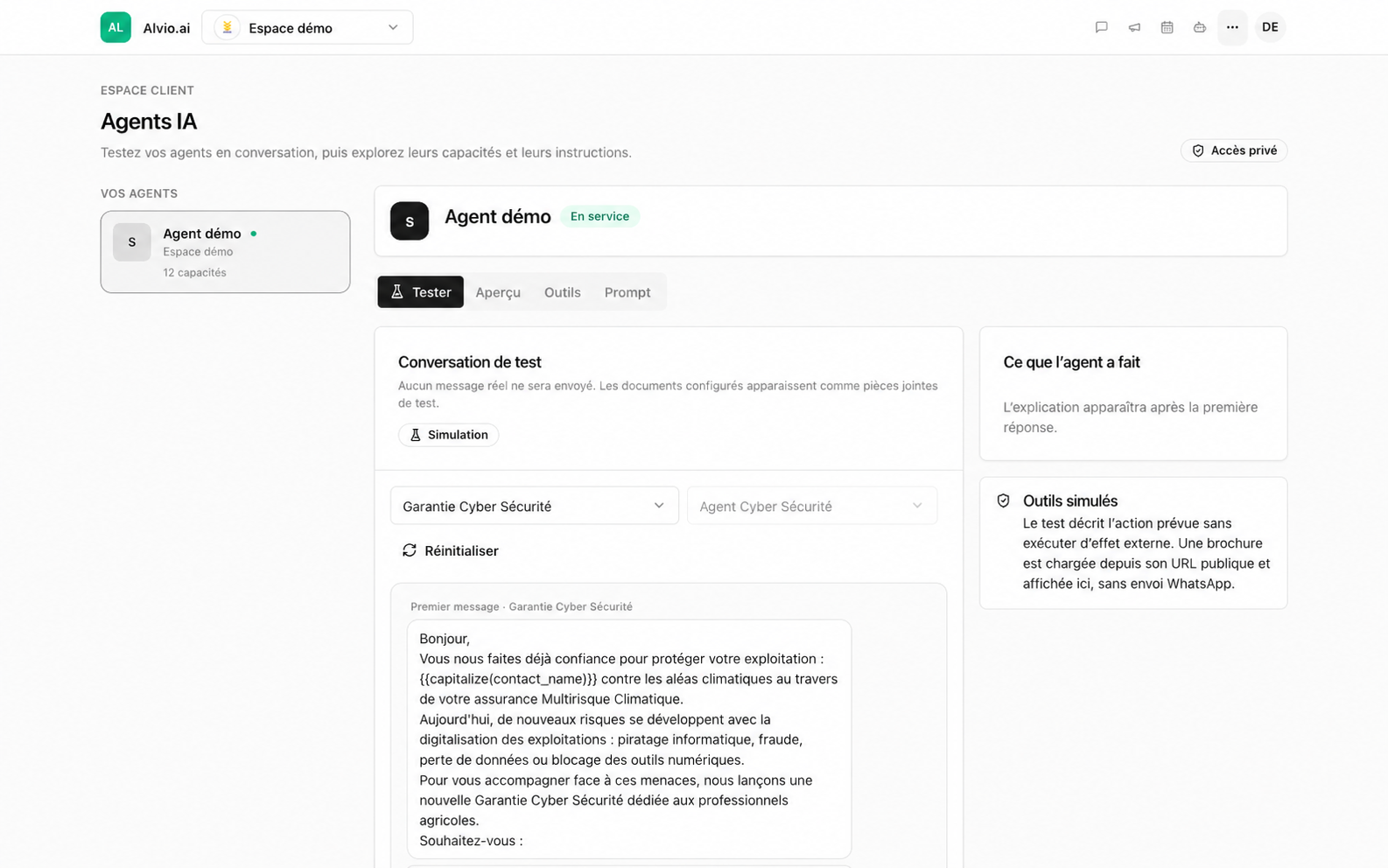 Espace de test d'un agent IA, avec noms anonymisés