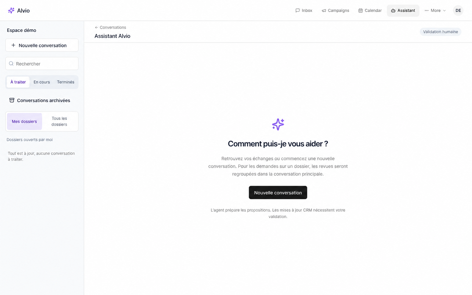 Accueil anonymisé de l'Assistant Alvio, actuellement en pilote privé