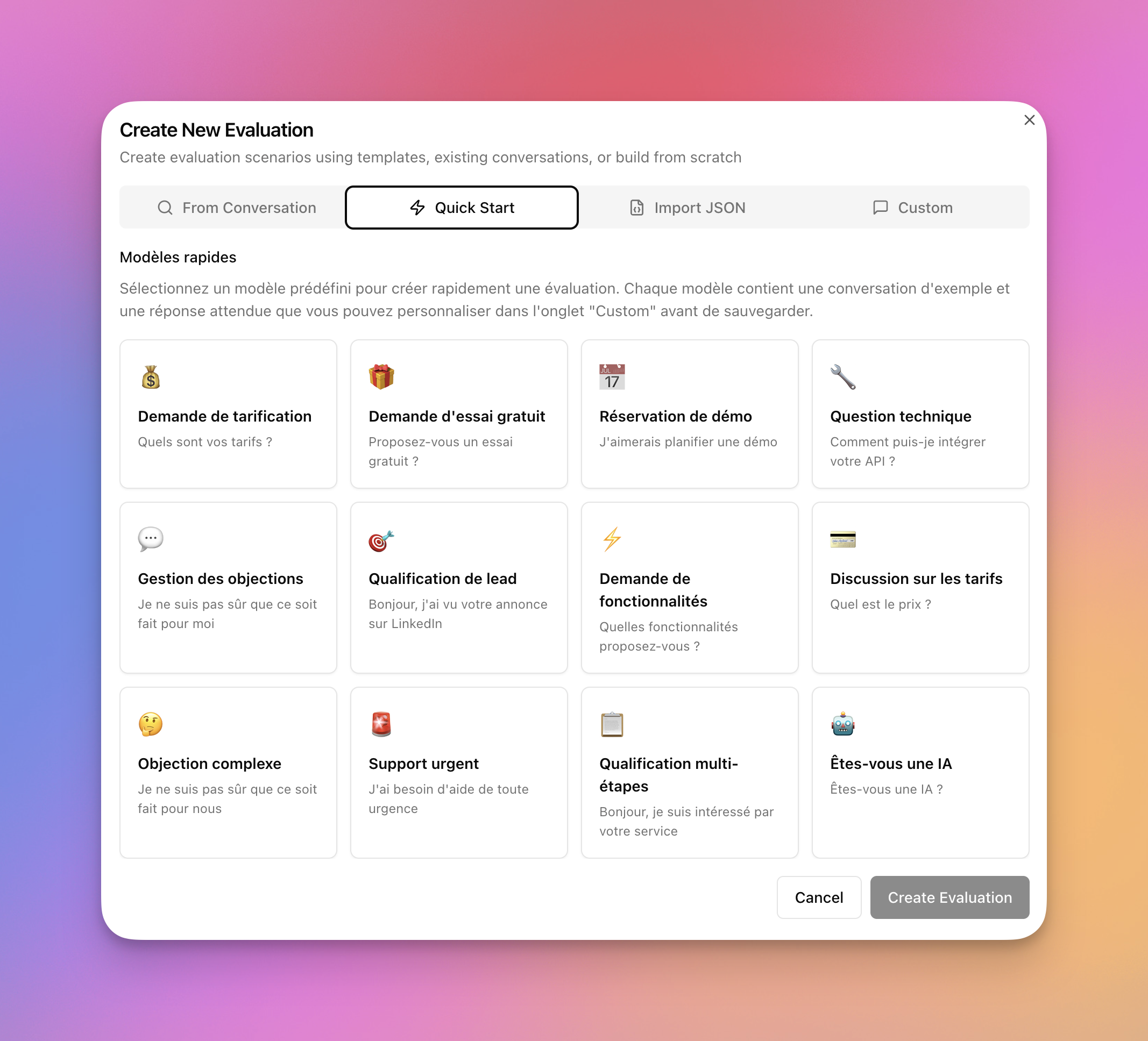 Création d'évaluation