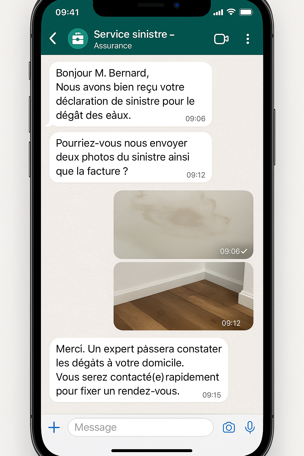 Exemple de conversation WhatsApp pour le suivi d'un sinistre assurance